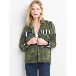 GAP Women’s Utility Shirt Military Jacket Green Camo Print Striped Cuff Sz S